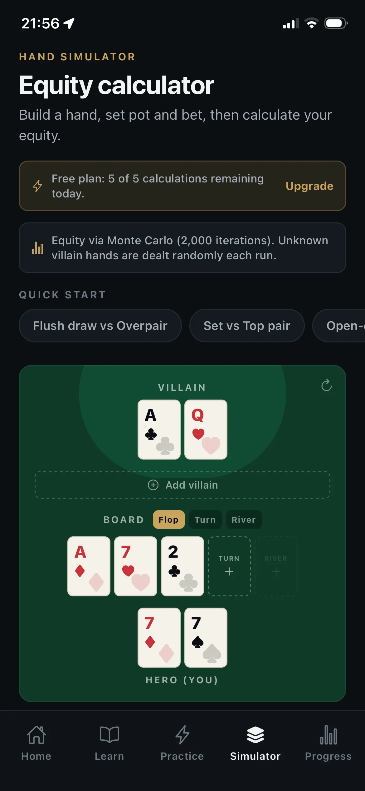Hand simulator — build a hand and calculate equity