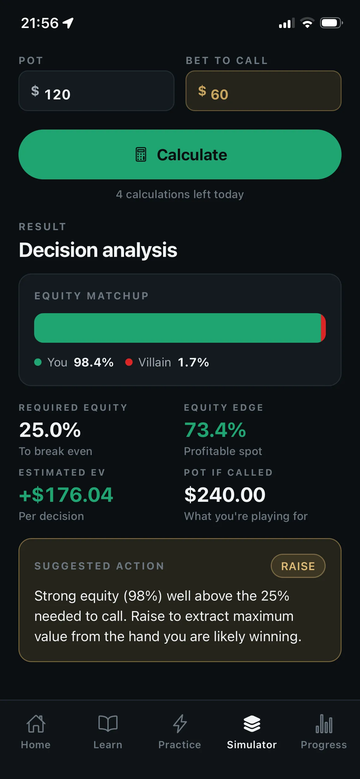 Simulator decision analysis — equity matchup, required equity, EV, and suggested action